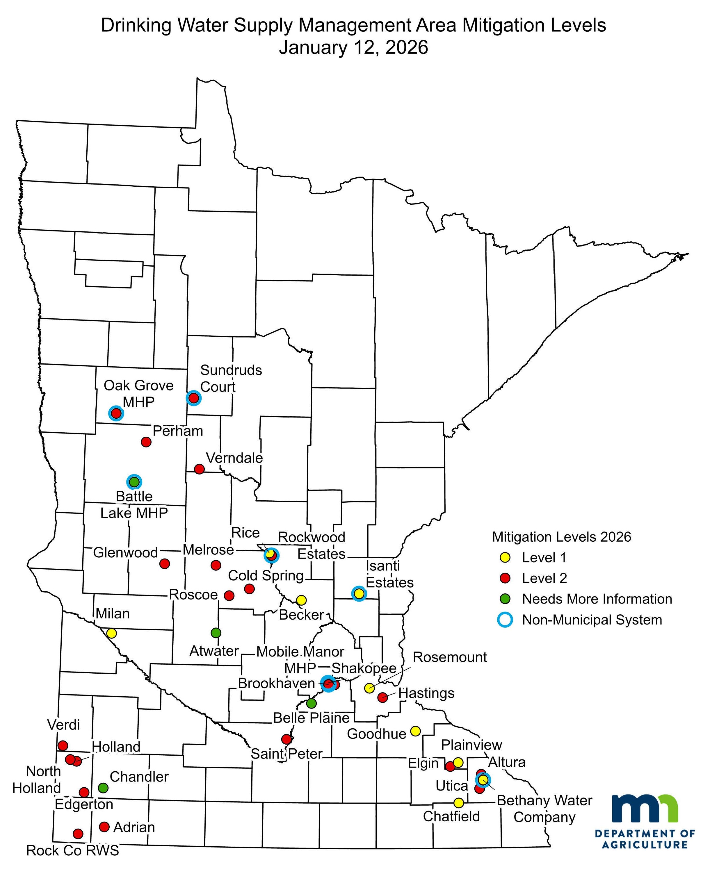 Map indicating the locations of the Drinking Water Supply Management Areas included under the Groundwater Protection Rule. The list of DWSMAs is included on this site.