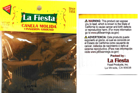 Package of La Fiesta Canela Molida ground cinnamon with warning label.