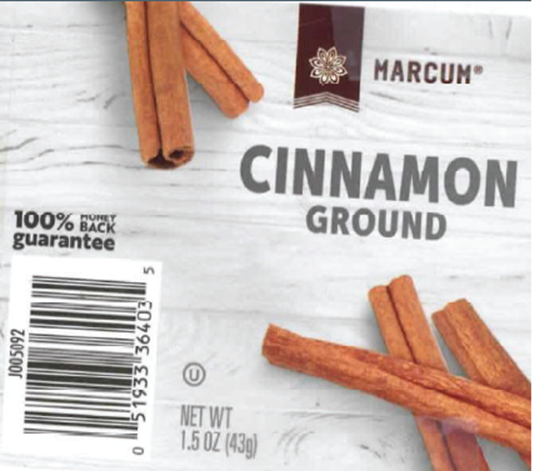 Package of Marcum ground cinnamon with cinnamon sticks and UPC code.
