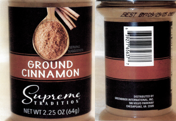 Front and back of container of Supreme Tradition ground cinnamon.