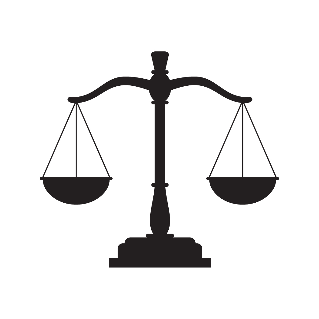 A black and white icon of the justice scales