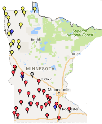 Map of Minnesota illustrating the locations of the Six-Inch Soil Temperature Network. Locations are concentrated in the northwest, west central, southwest and southeast areas of the state.