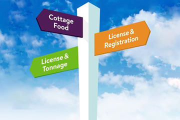 Crossroads sign with purple Cottage Food, orange License & Registration, and green License & Tonnage options.