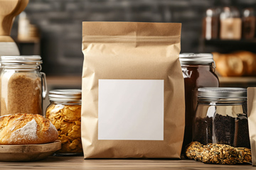 Unlabeled brown paper bag sitting on counter surrounded by bread and jars of spices.