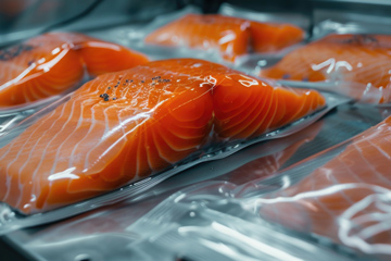 Vacuum-packed salmon in refrigerated display case.