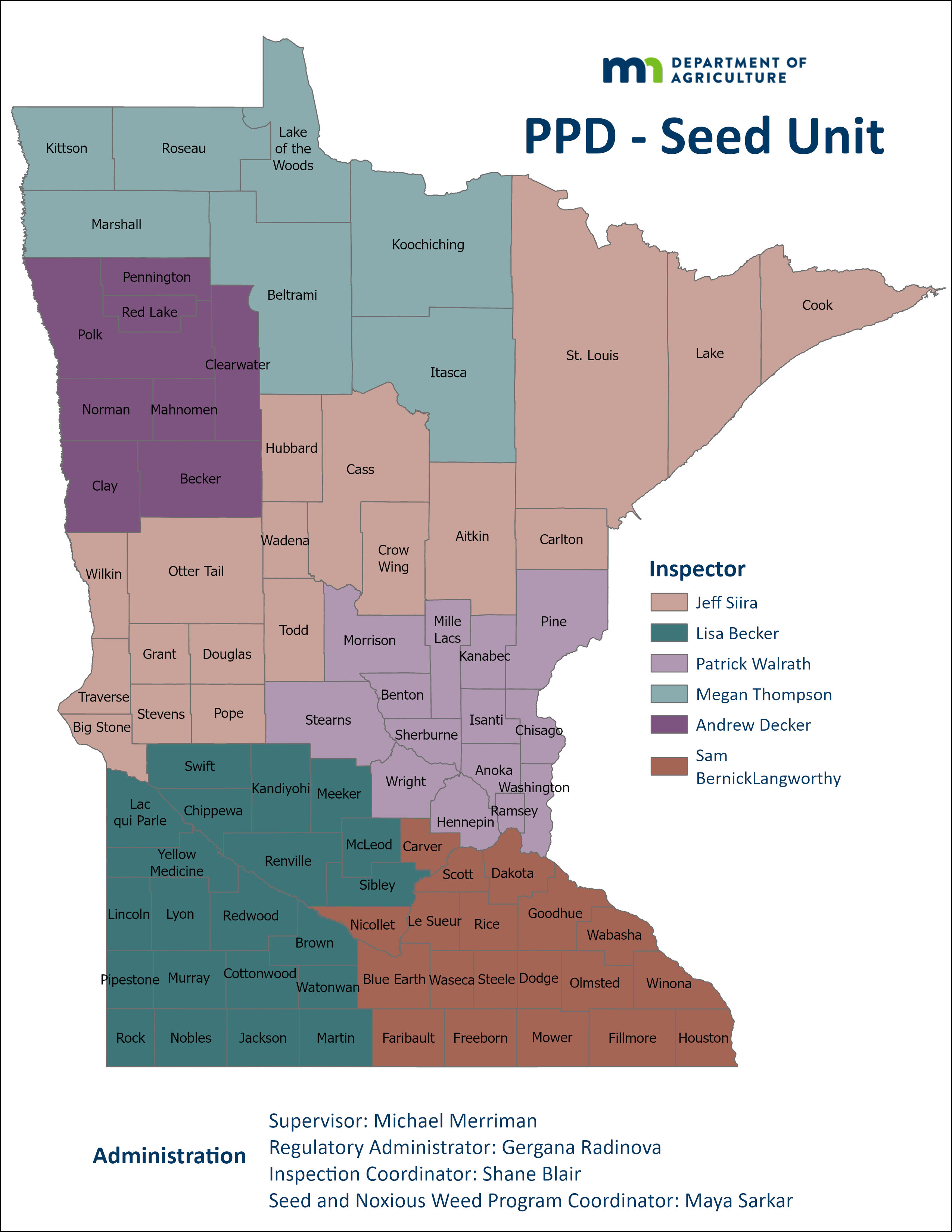 Minnesota county map showing seed inspection territories, with counties color-coded by assigned inspector.