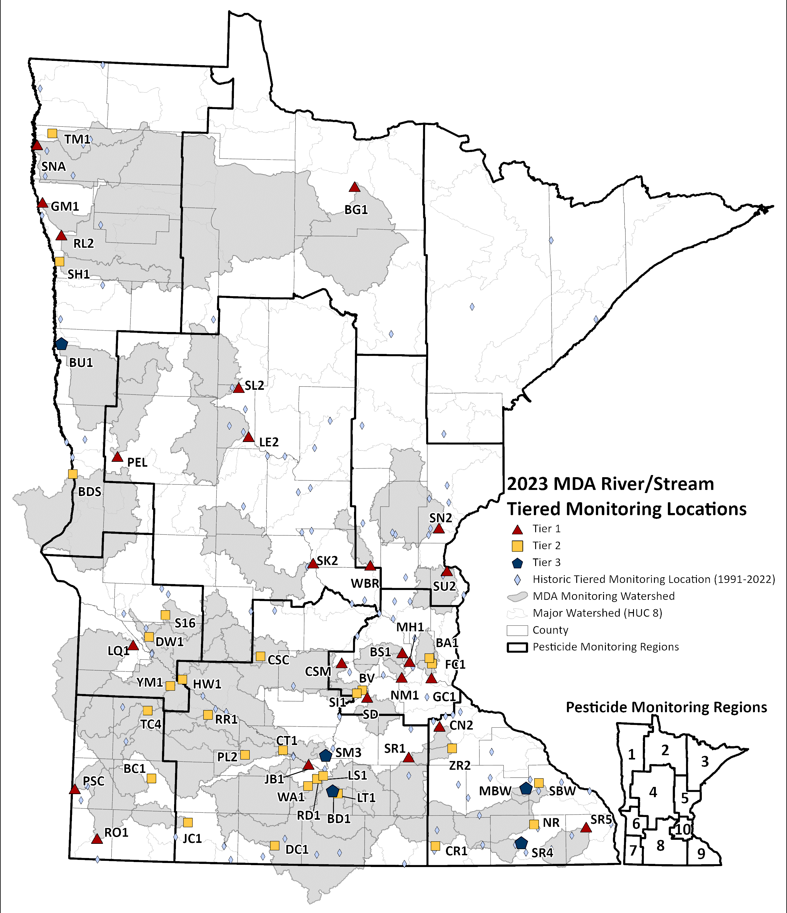 State of Minnesota map showing the surface water monitoring locations for 2023.