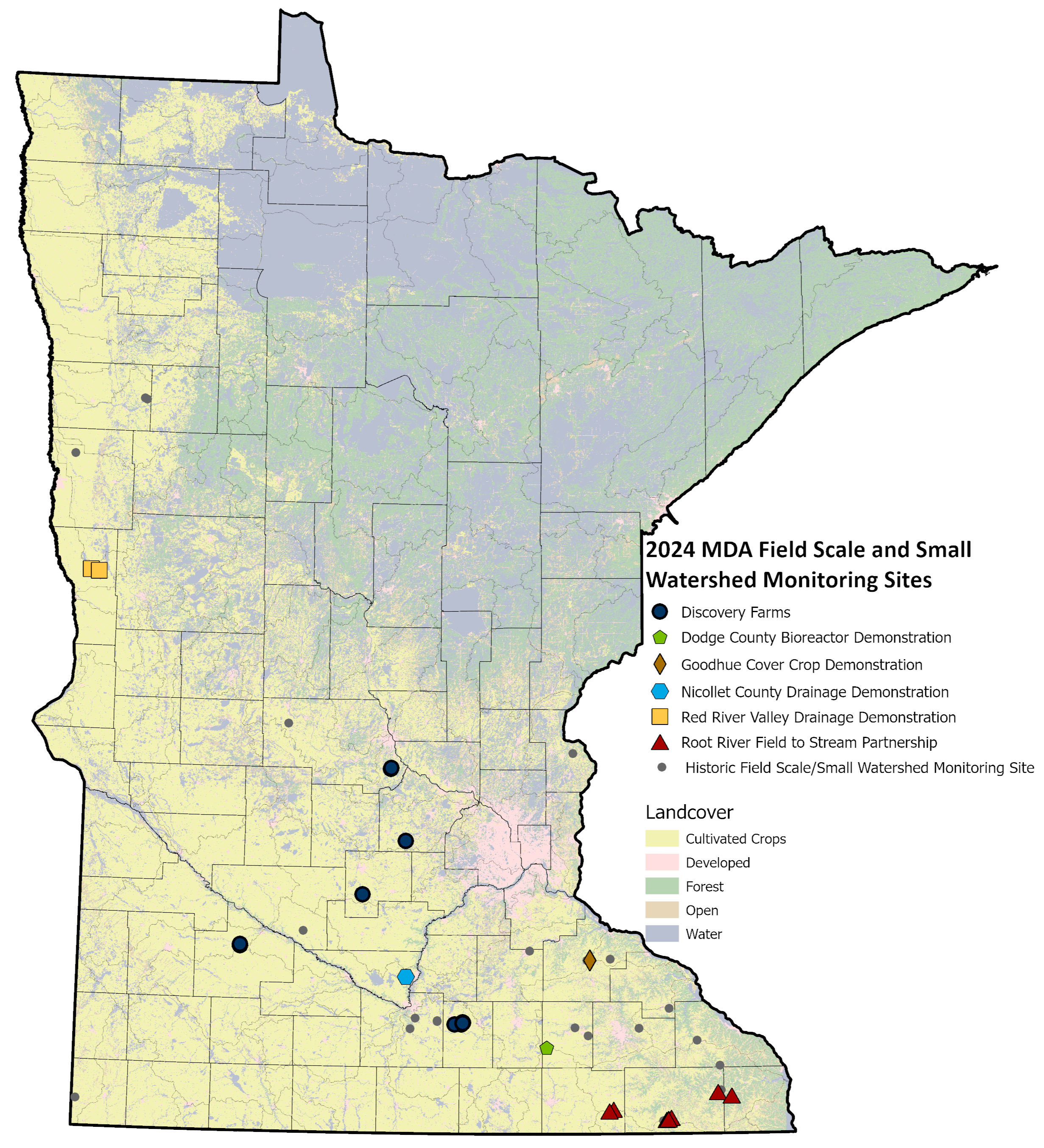 Map of 2024 MDA field scale and small watershed monitoring sites.