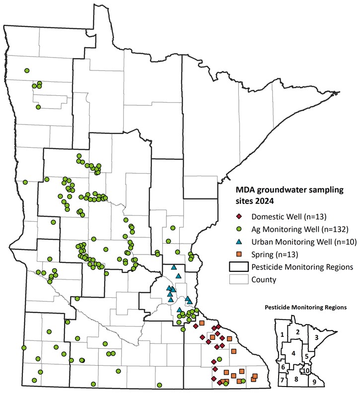 Map illustrating the location of the groundwater sampling sites in 2024. Sampling sites include domestic wells, monitoring wells, urban wells, and springs.