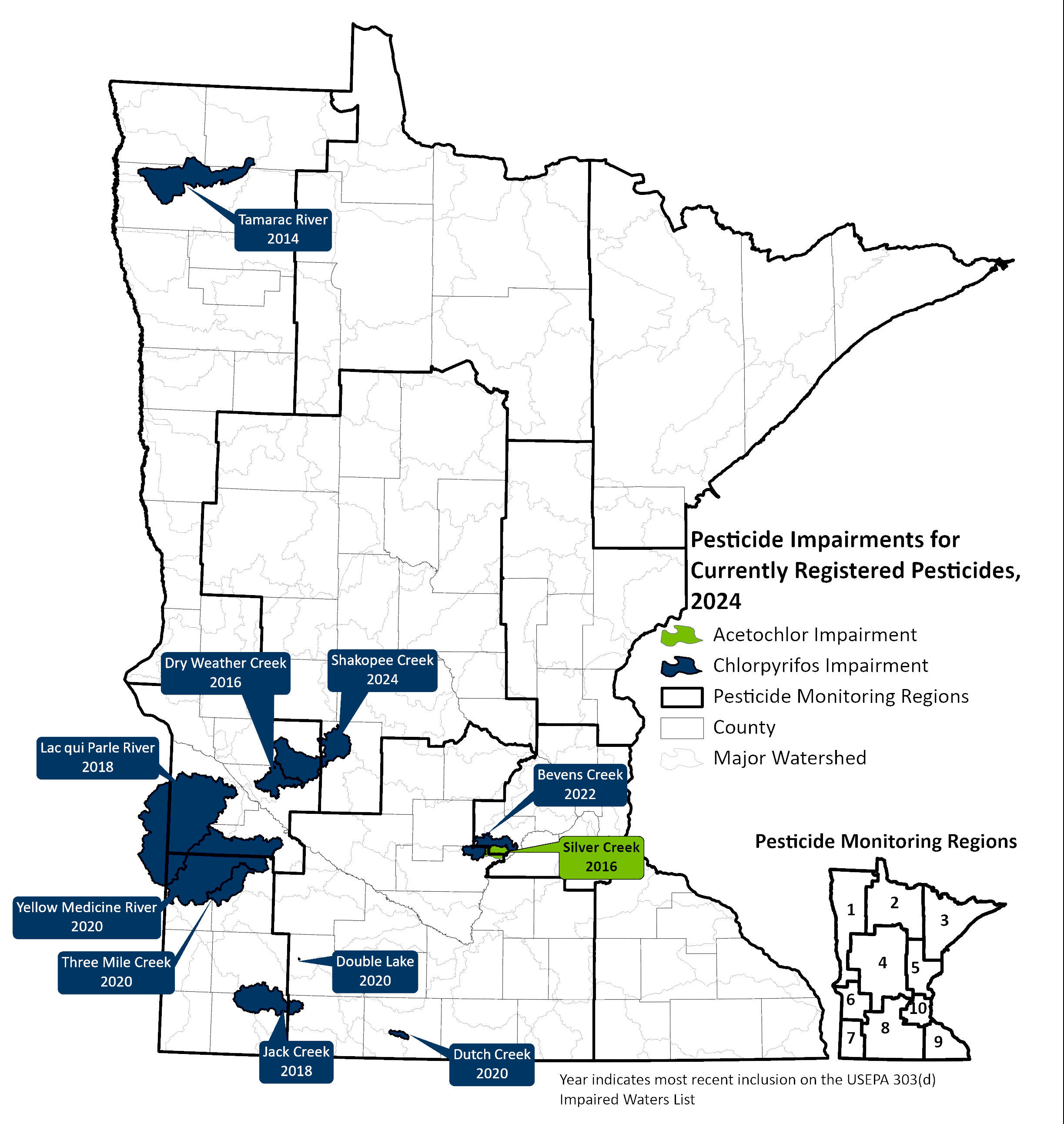 Map of Minnesota illustrating the waterbodies that are designated as impaired or proposed to be designated by the MPCA. Six are located in the southwest, four in south central, and 1 in the northwest. See the table for more information.