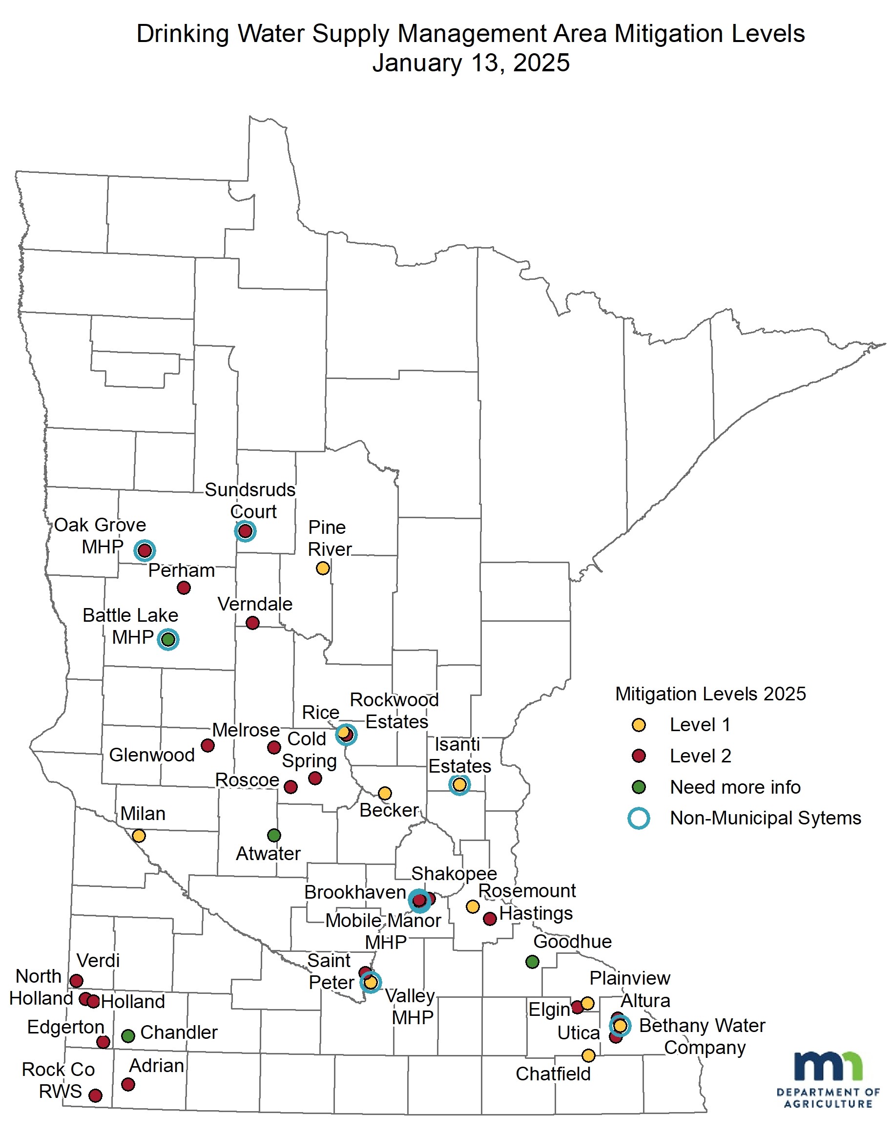 Map indicating the locations of the Drinking Water Supply Management Areas included under the Groundwater Protection Rule. The list of DWSMAs is included on this site.