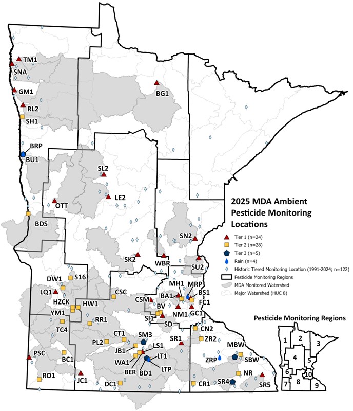 State of Minnesota map showing the surface water monitoring locations for 2025.