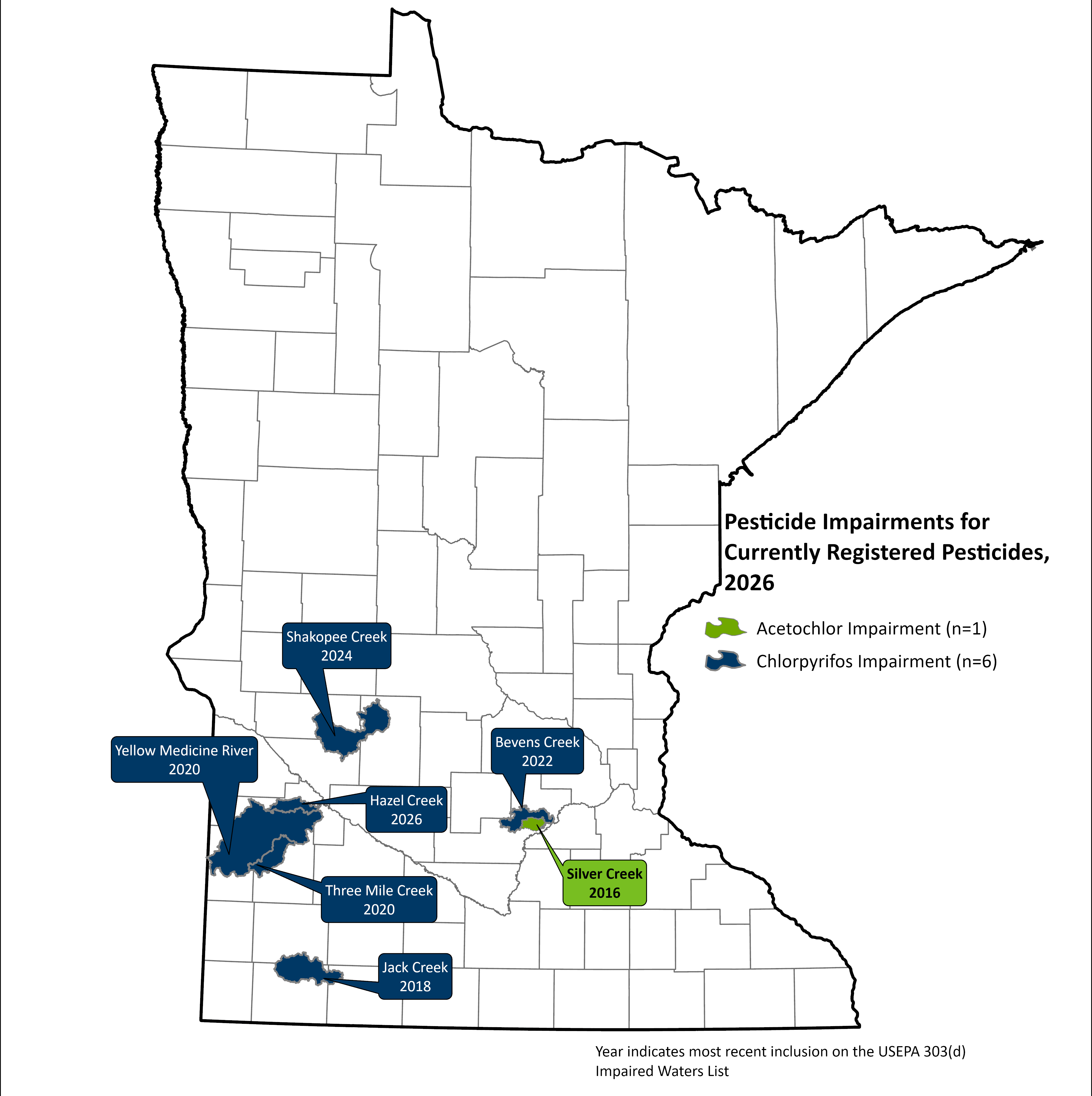 Map of Minnesota illustrating the waterbodies that are designated as impaired for currently registered pesticides designated by the Minnesota Pollution Control Agency. Five are located in the southwest and two in south central Minnesota. See the table for more information.