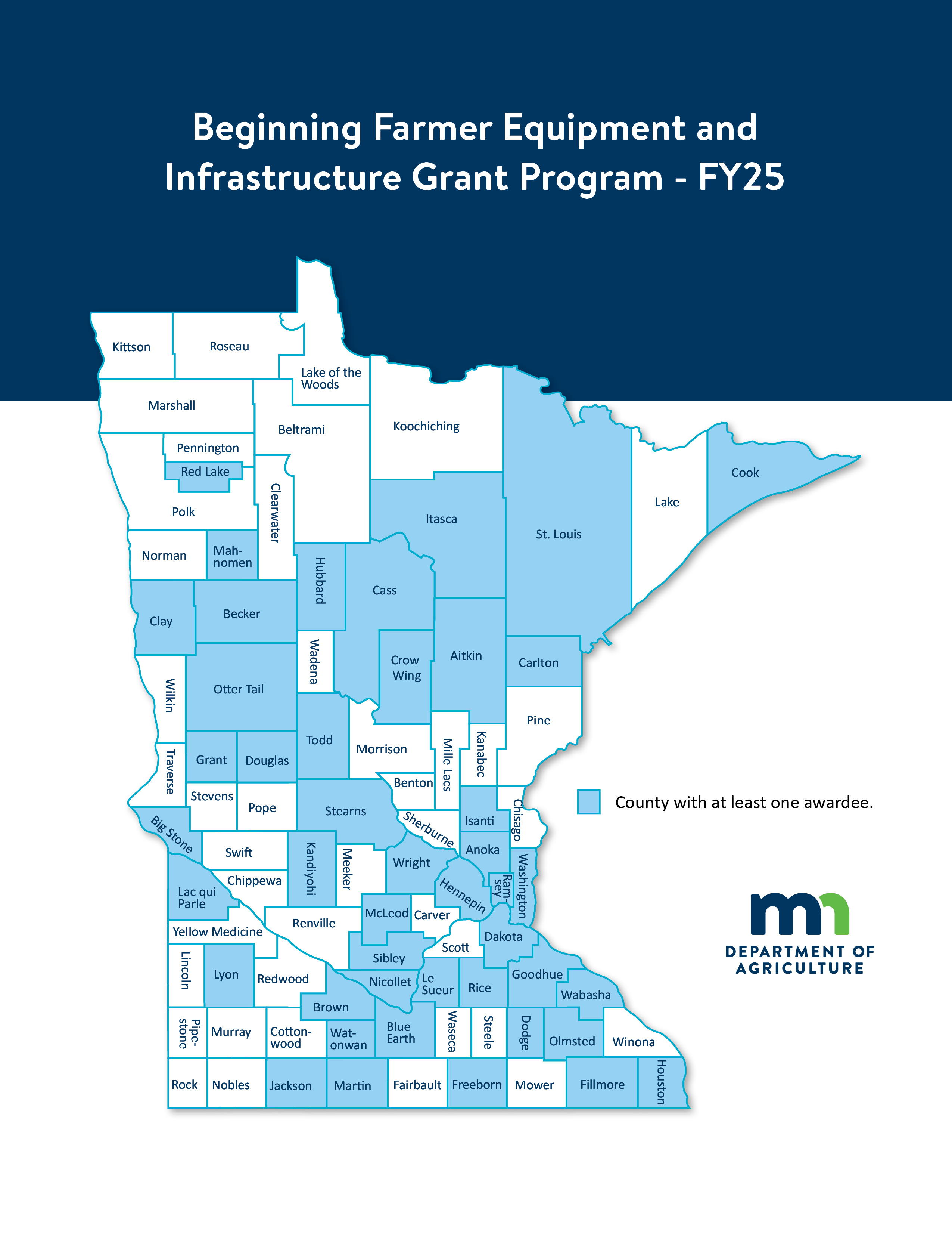 Map showing the 45 counties where the FY2025 awardees were located.