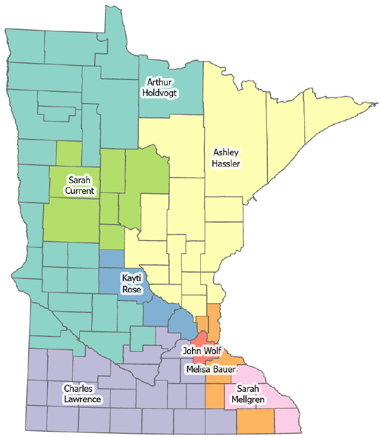 Map of Minnesota with counties outlined and color-coded to indicate inspector territories.