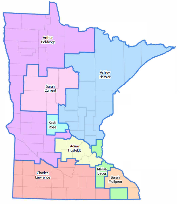A color-coded map of Minnesota showing which dairy inspectors cover which parts of the state. Northwest and west = Art Holdvogt, northeast = Ashley Hassler, north central = Sarah Current, central = Cory Salzl and Adam Husfeldt, southwest = Charles Lawrence, south central = Melisa Bauer, southeast = Sarah Mellgren.