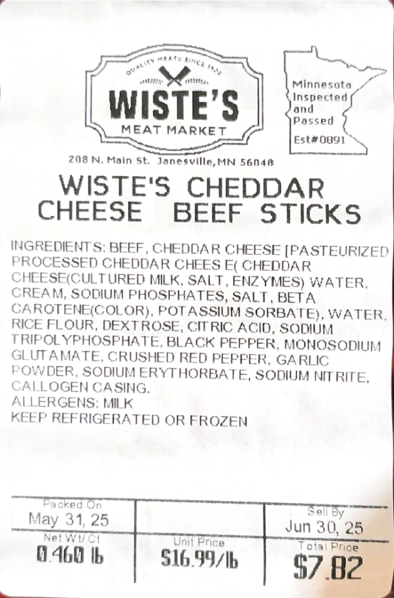 Label for Wiste's Cheddar Cheese Beef Sticks recalled due to improper processing procedures and produced without benefit of inspection.