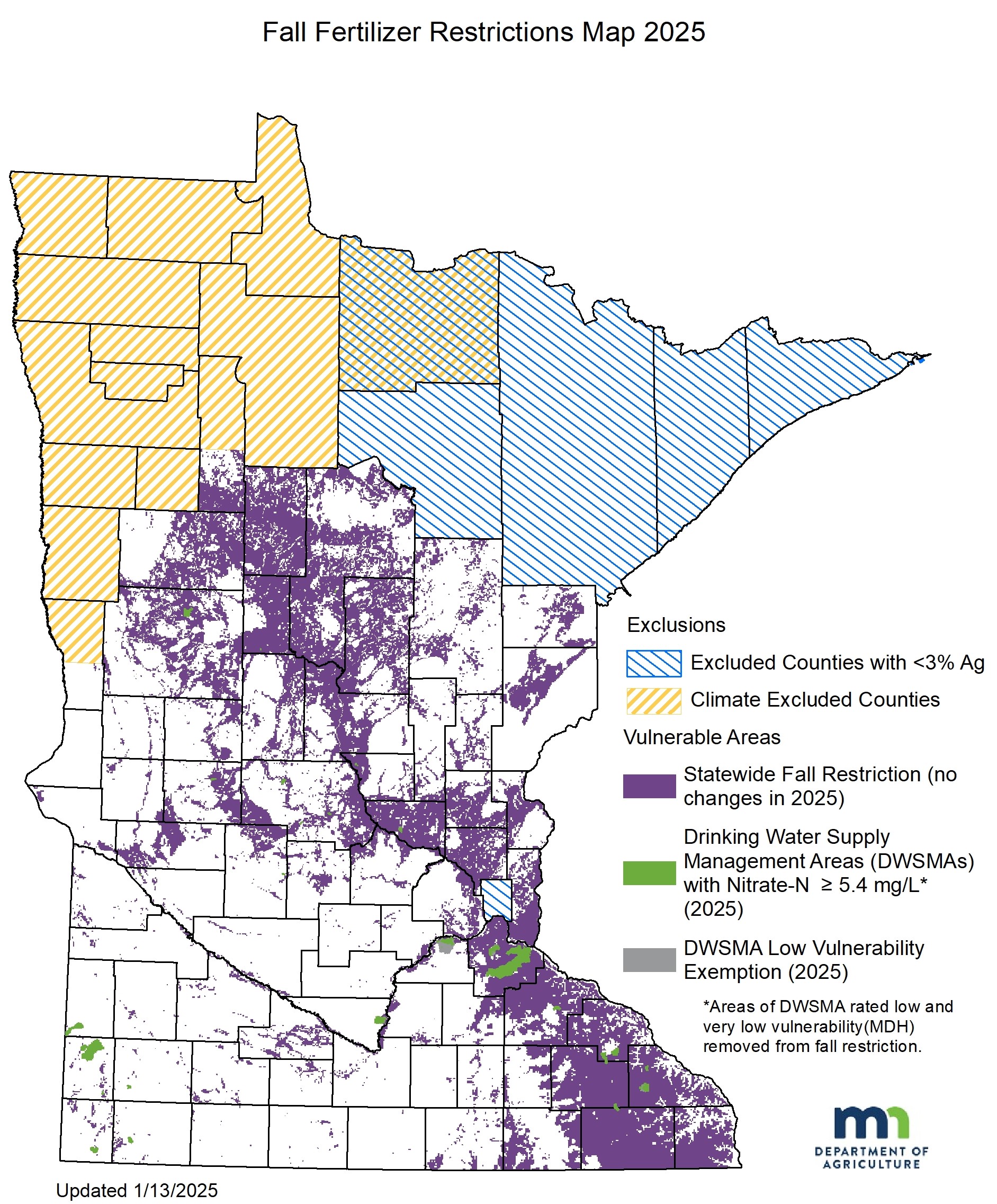 A map of the State of Minnesota illustrating the areas where the statewide fall restrictions and Drinking Water Supply Management Areas are located. For more information contact Larry.Gunderson@state.mn.us.