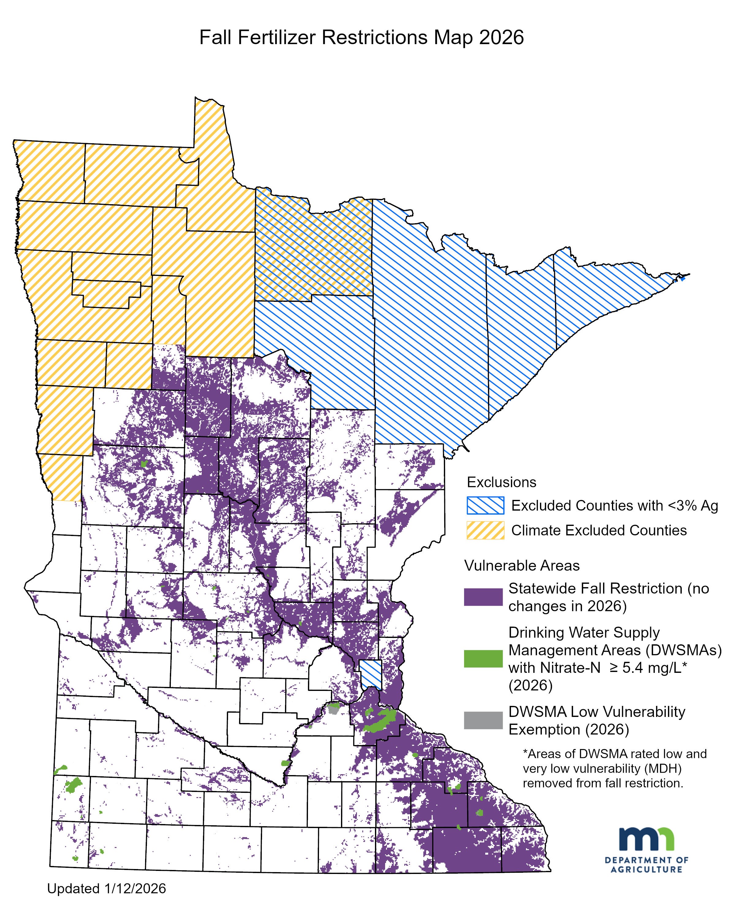 A map of the State of Minnesota illustrating the areas where the statewide fall restrictions and Drinking Water Supply Management Areas are located. For more information contact Larry.Gunderson@state.mn.us.