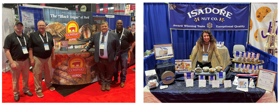 Exhibitors posing in front of a pork product display at a food expo and a small business owner standing at a nut products booth at a food expo.