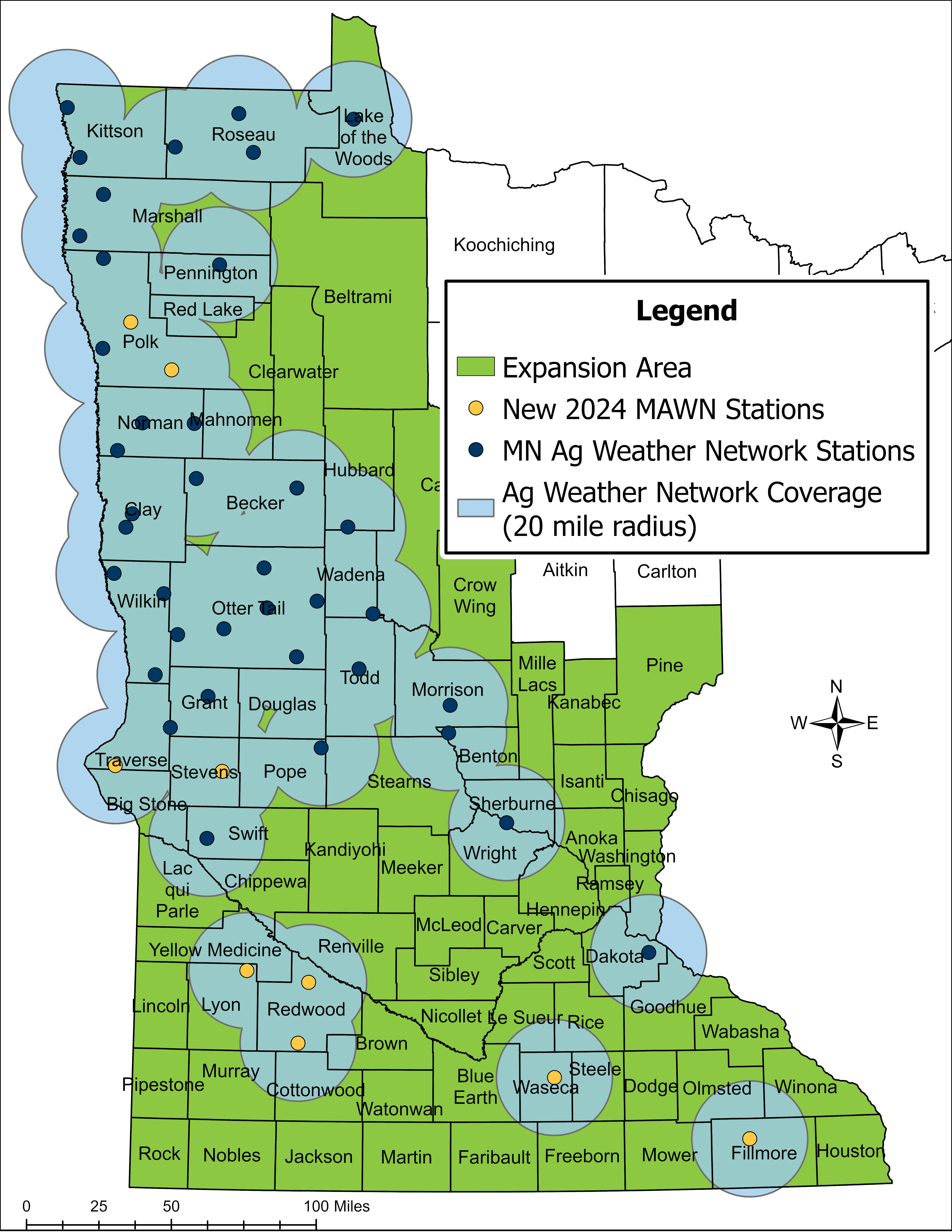 Map of the existing weather stations in Minnesota as part of the Minnesota Ag Weather Network. The planned expansion area is also included, this includes all but the counties in Northeast Minnesota.