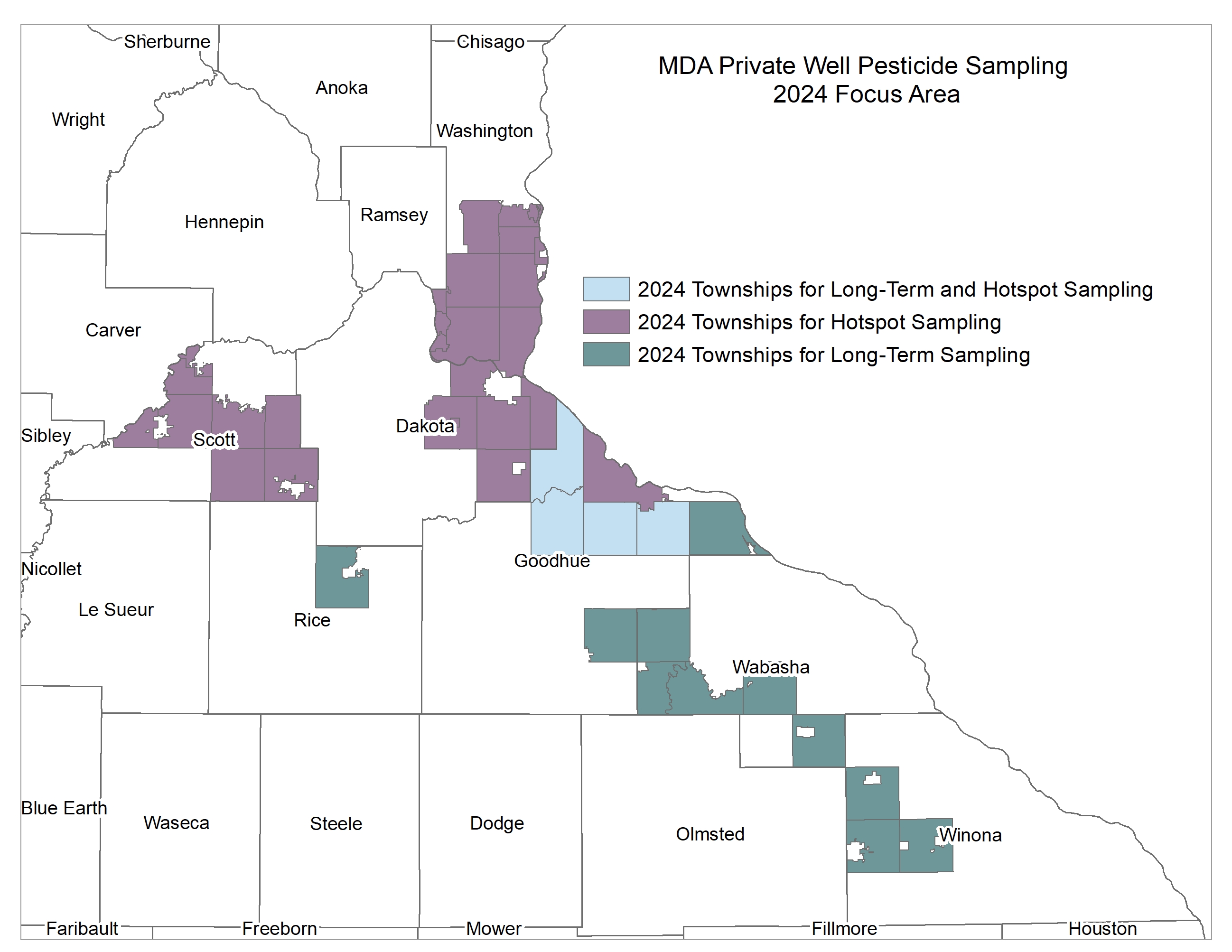 Map of the townships included in the 2024 focus area for long-term and/or hotspot sampling. Select townships are located in Scott, Dakota, Washington, Rice, Goodhue, Wabasha, and Winona counties.