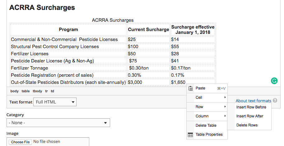 Table in editor showing pop up to add rows, columns