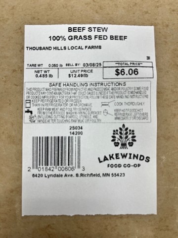 Lakewinds Food Co-op food recall product label for Thousand Hills Local Farms Beef Stew 100% Grass Fed Beef.