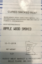 Ruck's Meat Processing Cured Smoke Beef Label