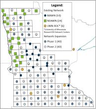 Map of the existing weather stations in Minnesota as part of the Minnesota Ag Weather Network (14), the North Dakota Ag Weather Network (24) and the University of Minnesota Research and Outreach Centers (6). The locations for the planned expansion sites are also included and listed as phase 1 (40) and phase 2 (40). 