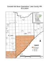 Lake County EAB quarantine area is located in the central to southern section of the county. St Louis Couty quarantine area is southeast corner of county.